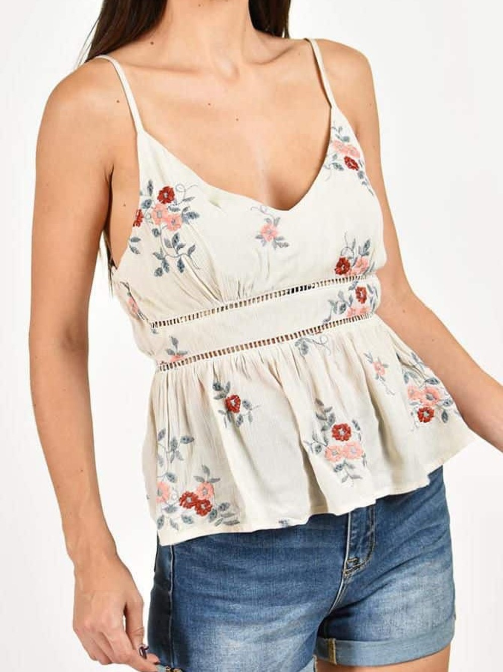 NWOT Francesca’s Embroidered Cream & Pink Floral V-Neck Peplum Camisole Cottage